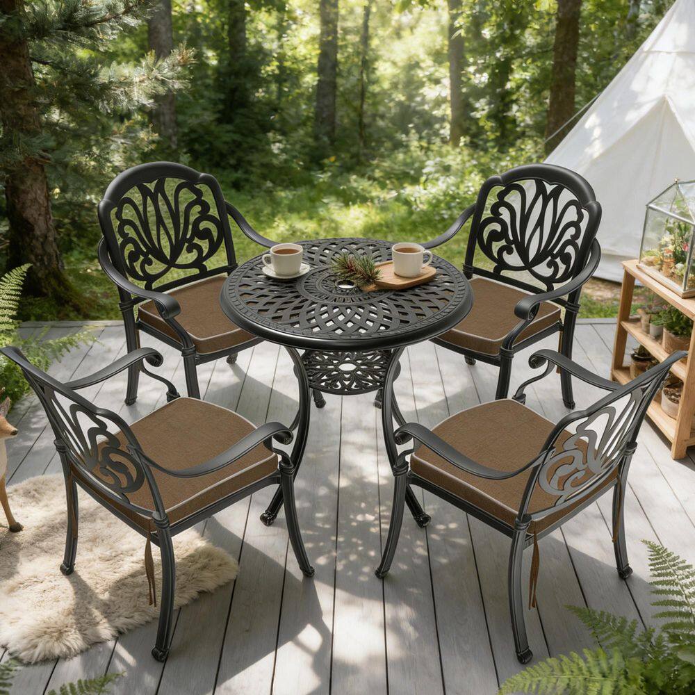 5-Piece Black Cast Aluminum Patio Outdoor Dining Set with Round Table and 4-Chairs with Brown Cushions price history on PriceWatchPro