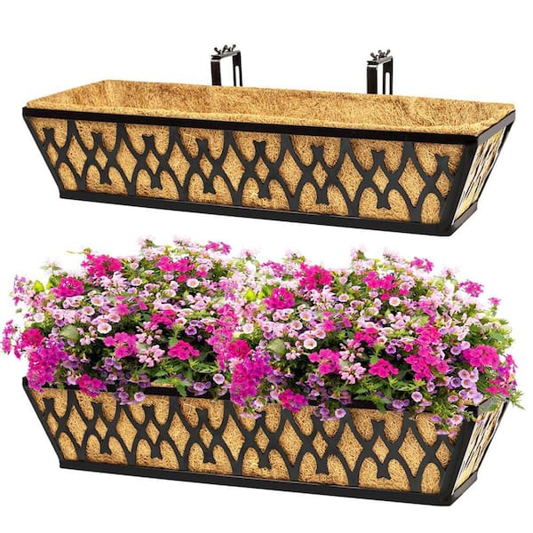 24 in Black Window Box Planter with Adjustable Brackets and Cocoa Liners for Fence, Railing, Porch, Patio (2-Pack)