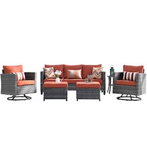 New Vultros Gray 6-Piece Wicker Outdoor Patio Conversation Set with Orange Red Cushions and Swivel Rocking Chairs