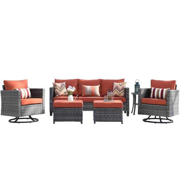 New Vultros Gray 6-Piece Wicker Outdoor Patio Conversation Set with Orange Red Cushions and Swivel Rocking Chairs