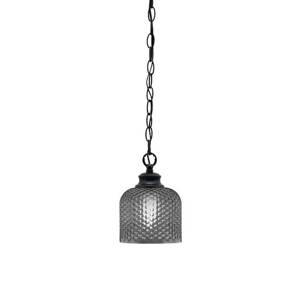 Unbranded Tyler 60-Watt 1-Light Matte Black Chain Mini Pendant Light with Smoke Textured Glass Shade