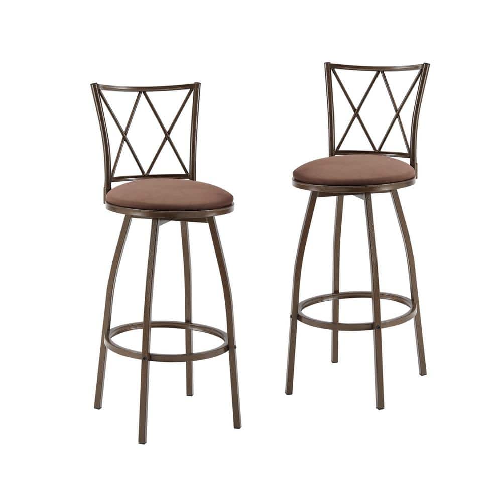 2 Piece 27.3 in. Brown Metal Swivel Bar Stools Industrial Bar Chairs with F