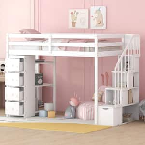 White Twin Wooden Loft Bed with Shelves, 4-Drawers and Storage Stairs