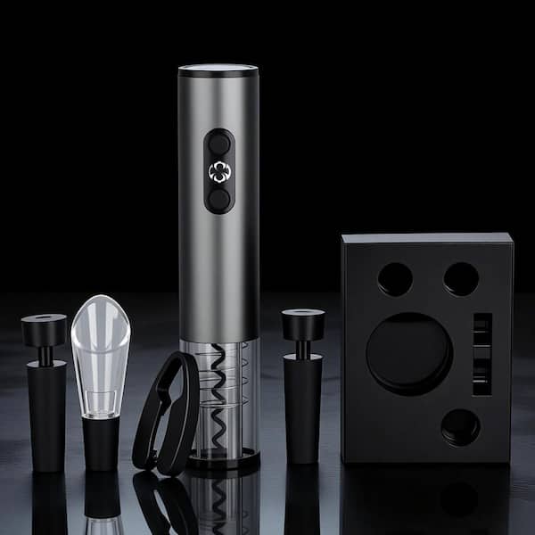 Matte Black Black Electric Wine Opener Set with Charging Base with Charging Base Foil Cutter Aerator and Vacuum Stoppers