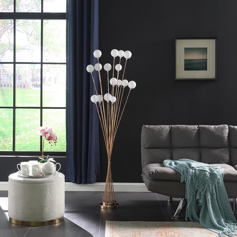 Aurora Geometric 61.5" Gold Metal LED Tree Floor Lamp with White Orbs