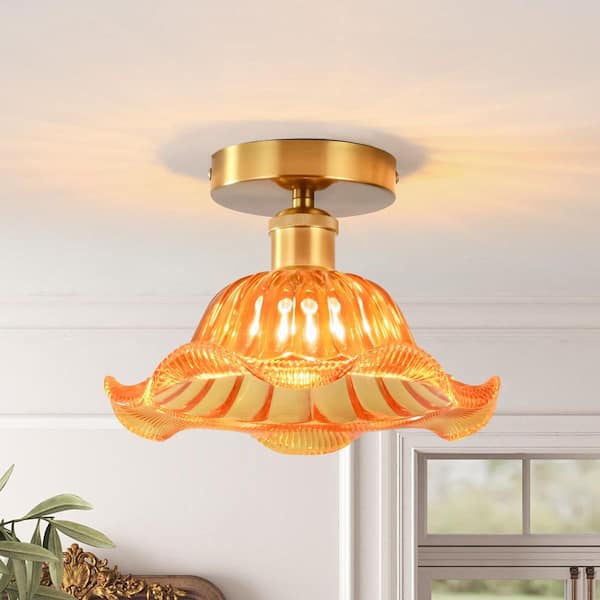 Allison 9.8 in. 1-Light Modern Gold Semi-Flush Mount Ceiling Light with Amber Glass Shade