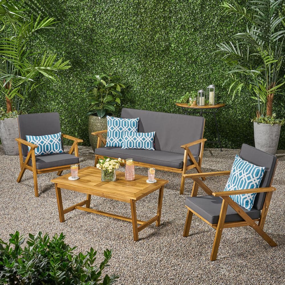 JimsMaison 4-Piece Wood Patio Conversation Set with Gray Cushions