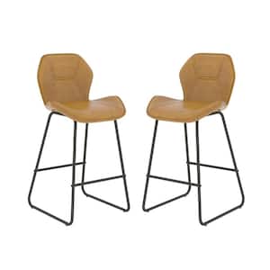 25.59 in. Brown Metal Frame Bar Stool Set of 2 PU Faux Leather Counter Height Pub Stools with High-Density Sponge