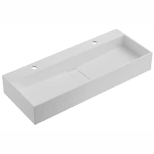 47 in. Wall Mount or Countertop Bathroom Hidden Drain Sink with Double Faucet Holes in Matte White
