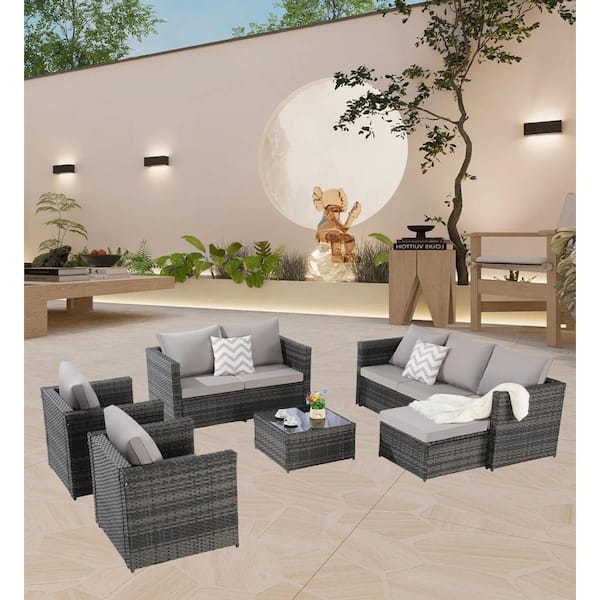 Unbranded 6 Piece Patio Furniture Set, Wicker Outdoor Rattan Sofa Sectional Set with Glass Table, Light Gray Cushions
