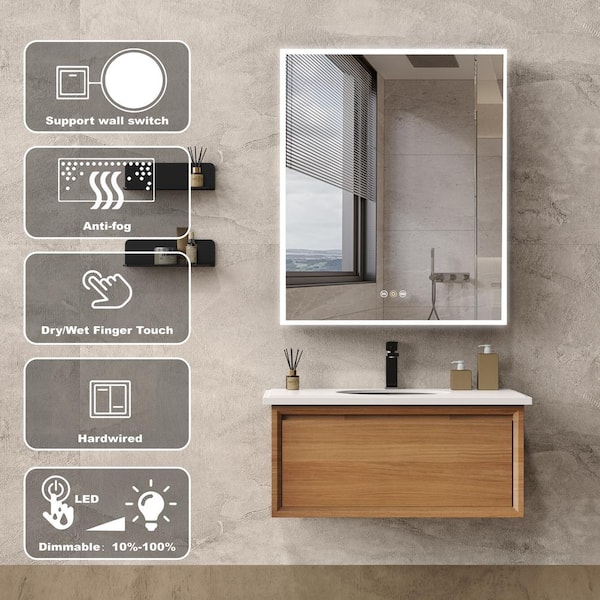 tunuo 24 in. W x 30 in. H Rectangular Black LED Light Anti-fog Aluminum Surface Mount Medicine Cabinet with Mirror
