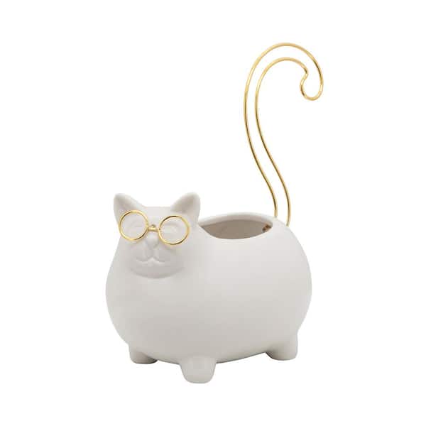 Liv & Skye White Ceramic 7 in. Kitty Trinket Tray