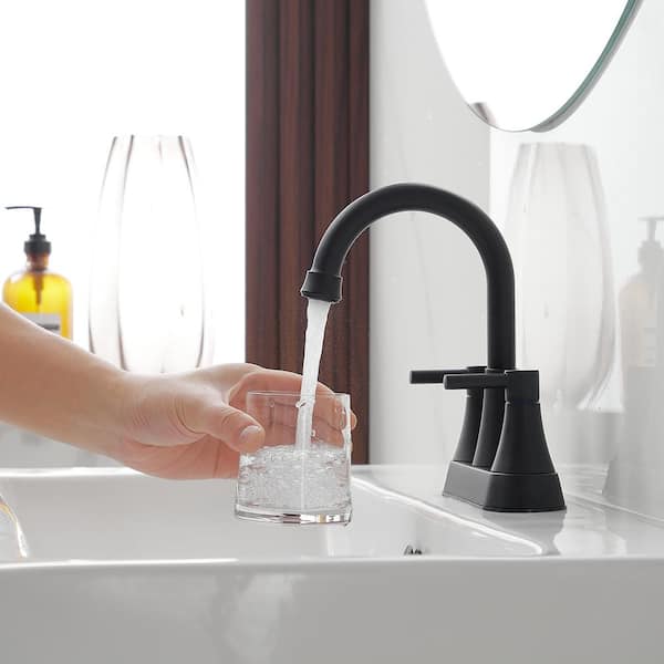 Easy Install 4 in. Centerset Double Handle Spot Resistant Bathroom Faucet with Drain Kit in Matte Black