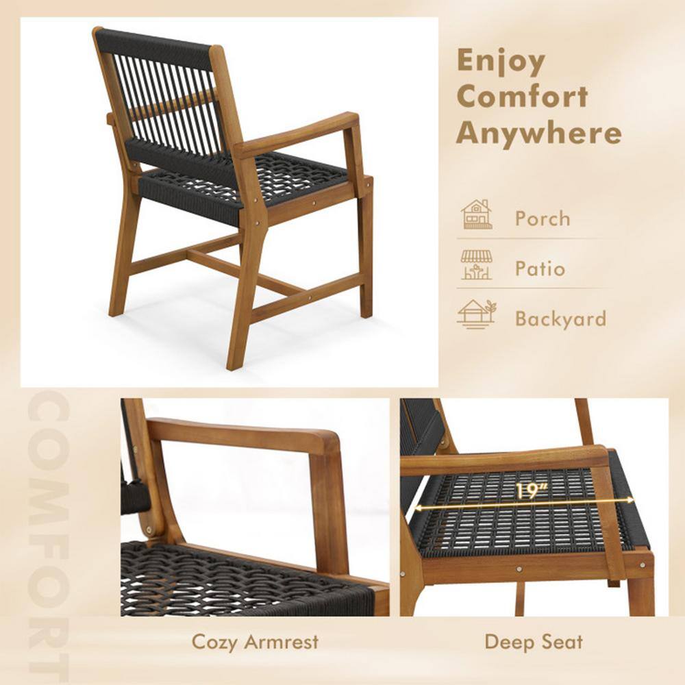 Set of 2 Black Rope Woven Acacia Wood Dining Chairs