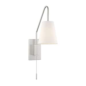 Owen 6 in. W x 18 in. H 1-Light Satin Nickel Wall Sconce with White Fabric Shade, On/Off Pull Chain, Optional Cord/Plug