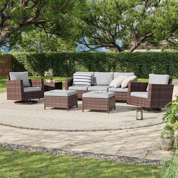 JOYESERY 6-Piece Brown Wicker Outdoor Seating Sofa Set with Swivel Rocking Chairs, Linen Grey Cushion