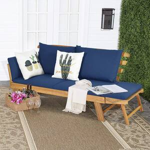 Acacia Wood Patio Convertible Couch Sofa Bed Outdoor Day Bed Sets with Navy and Turquoise Color Cushion