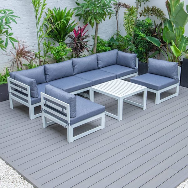 Leisuremod Chelsea 7-Piece Patio Sectional And Coffee Table Set White Aluminum With Blue Cushions