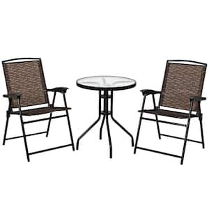 Brown 3-Piece Metal Bistro Set with Folding Chairs and Glass Table