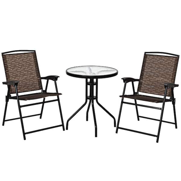 Alpulon Brown 3-Piece Metal Bistro Set with Folding Chairs and Glass Table