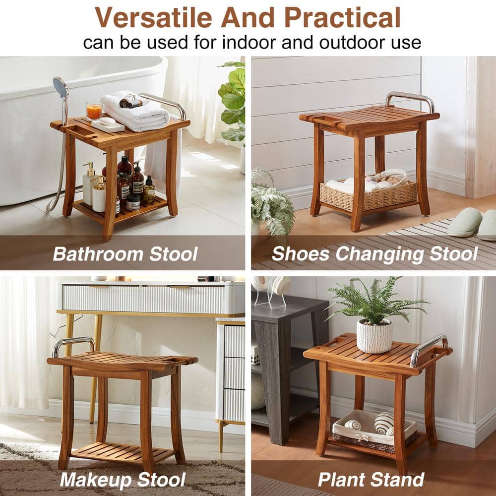 Large Teak Shower Bench with Handle and Shelf