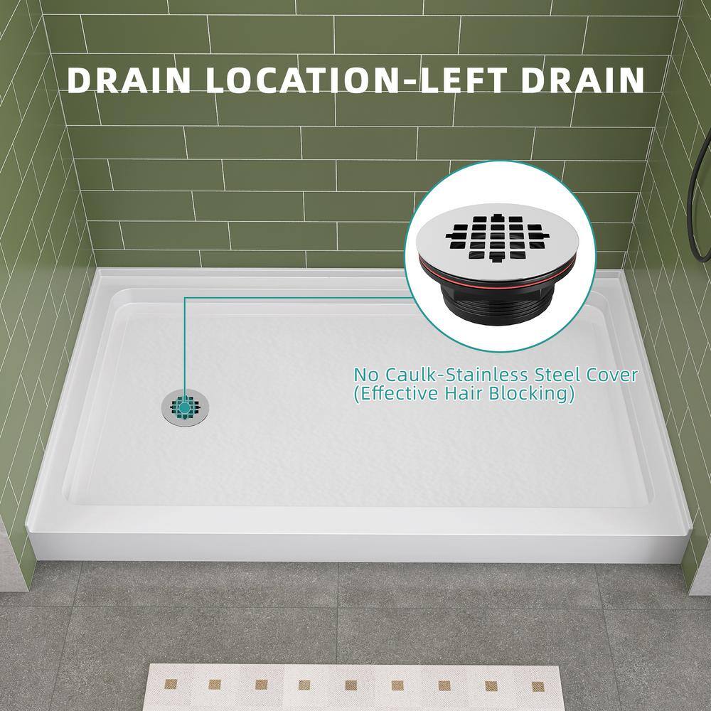 Glossy White Rectangular Acrylic Alcove Shower Base with Left Drain