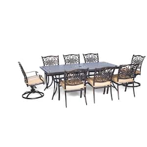 Seasons 9-Piece Aluminum Outdoor Dining Set with Tan Cushions with Dining Chairs, Swivel Rockers and Dining Table