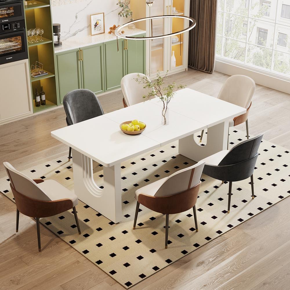 BYBLIGHT Roesler Modern White Wood 71 in. Pedestal Dining Table Seats 6 ...