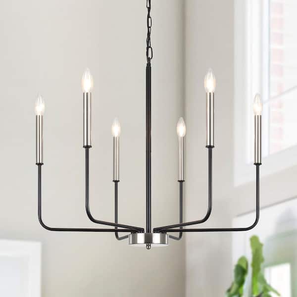 LWYTJO Classic 6-Light Matte Black and Nickel Traditional Fixture Rustic Linear Farmhouse Candle Kitchen Island Chandelier