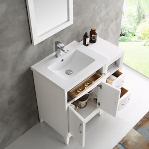 Cambridge 35.5 in. Vanity in White with Porcelain Vanity Top in White with White Ceramic Basin and Mirror