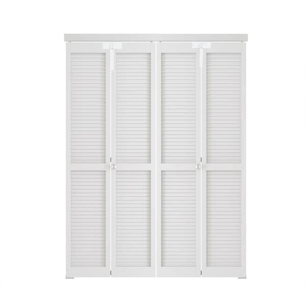 60 in. x 80 in. Full-Panel Louver Solid Core White PVC Covering MDF Wood Bi-fold Door with Lock, Handle and Hardware