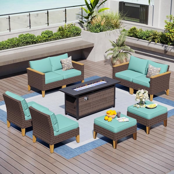 PHI VILLA Brown Rattan Wicker 8 Seat 9-Piece Steel Outdoor Patio Conversation Set with Blue Cushions, Rectangular Fire Pit Table