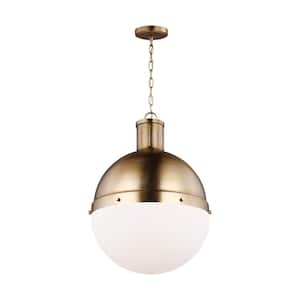Hanks 1-Light Satin Brass Large Globe Pendant Light with Smooth White Glass Shade