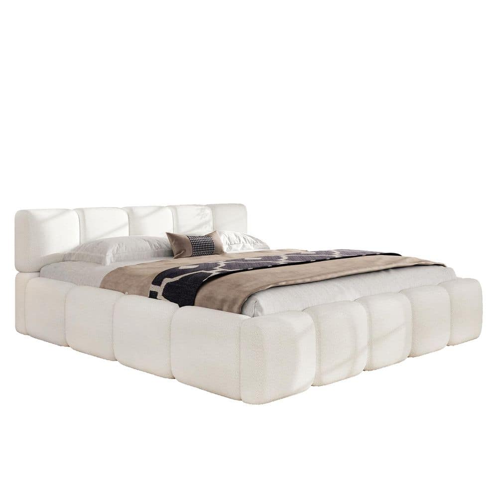 Cassius White Boucle Upholstered Wood Frame California King Size Platform Bed with Headboard price history on PriceWatchPro