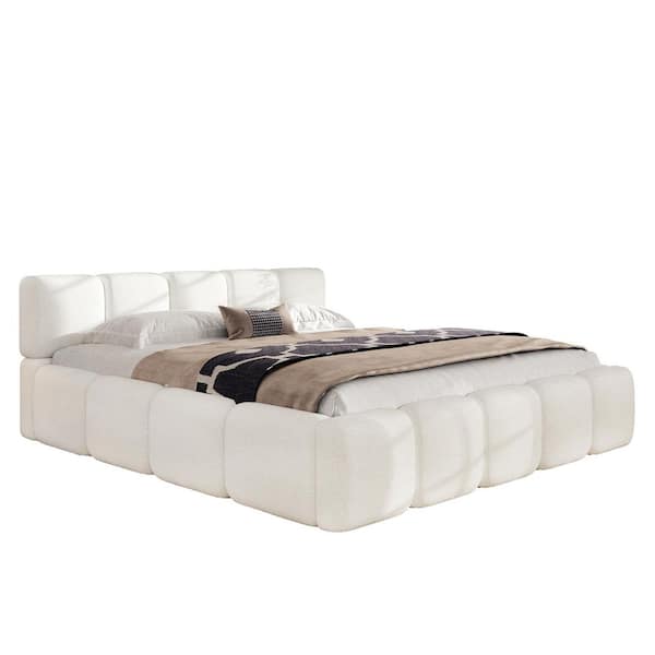 Cassius White Boucle Upholstered Wood Frame California King Size Platform Bed with Headboard