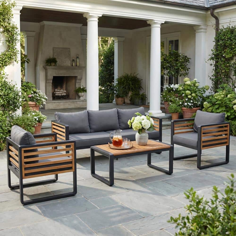 4-Piece Patio Outdoor Metal Conversation Set with Removable Gray Cushion and Acacia Wood Tabletop price history on PriceWatchPro