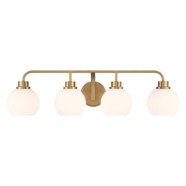 Savoy House Meridian 32 in. W x 8.25 in. H 4-Light Natural Brass Contemporary Bathroom Vanity Light with White Opal Glass Shades