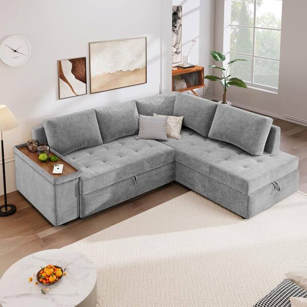 CHRISTOPHER KNIGHT HOME Hars 91.5 in. 3-Seater Polyester Convertible Sectional Sofa Bed Part in Light Grey