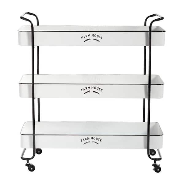 Litton Lane 35 in. White Rolling 3 Shelves Kitchen Storage Cart with Black Accents and Farm House Design