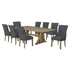 Kara 9-Piece Gray Linen Fabric Wood Top Dining Set with Side Chairs.