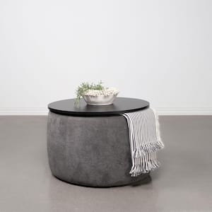 Tesoro Gray and Black Chenille Upholstered Round Lift Top Storage Ottoman