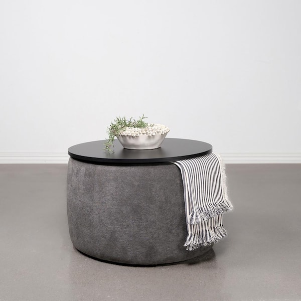 Coaster Tesoro Gray and Black Chenille Upholstered Round Lift Top Storage Ottoman