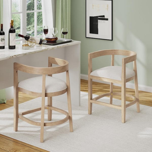 Timel 25.6 in. Light Ash Rubber Wood Counter Stool with Beige Frabic Seat, Set of 2