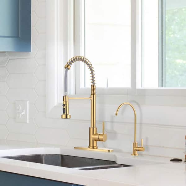 19 in. H Single Handle Pull Down Sprayer Kitchen Faucet with Drinking Water Faucet and 360° Swivel Spout in Gold