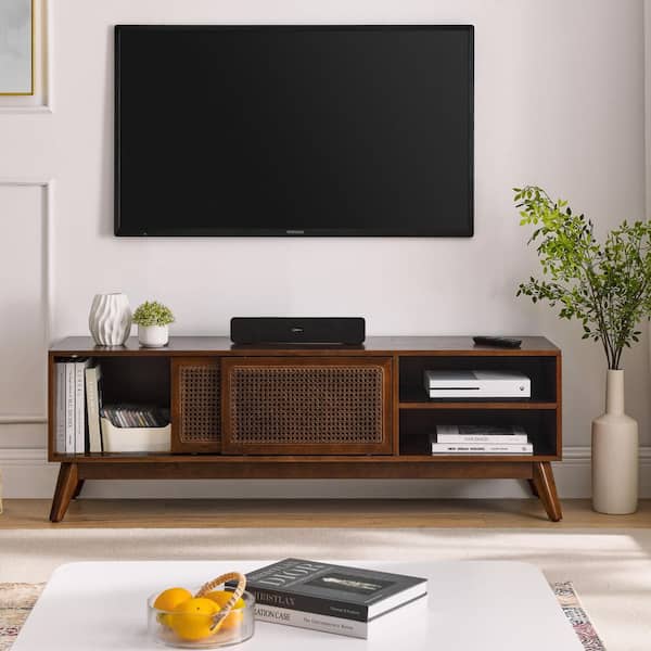 Walnut 59 in. Mid Century Rattan TV Stand, Solid Wood Feet Entertainment Cabinet w/Storage(Max TV Size 65 in.)