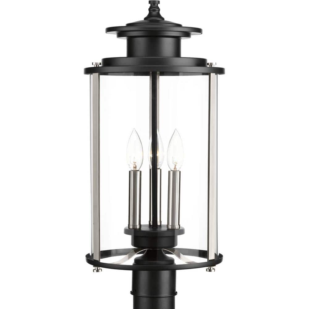 Squire Black Steel 3-Light Outdoor Post Lantern with Clear Glass