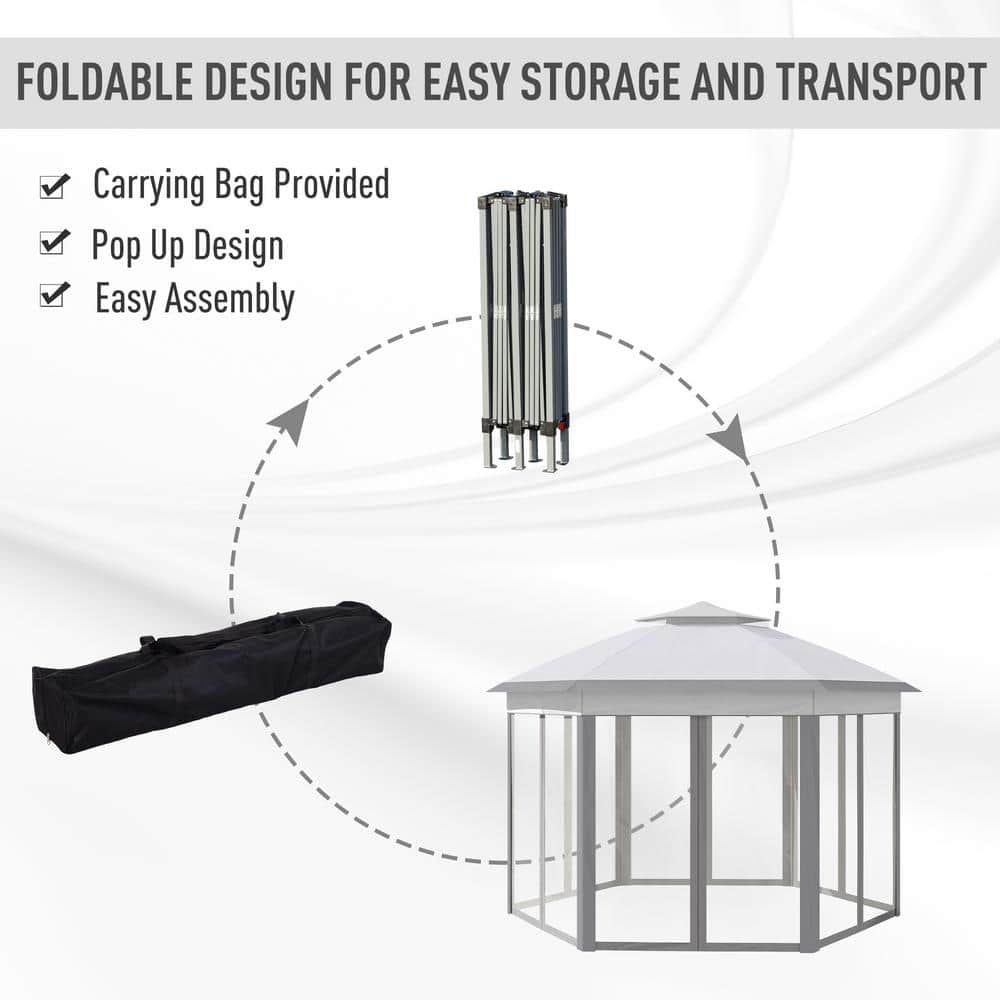 Gray Steel Hexagonal Pop-Up Gazebo with Mesh Netting