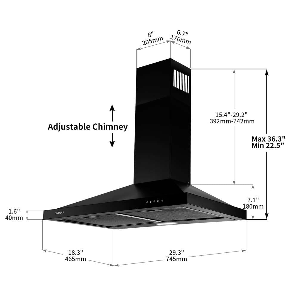 30-Inch Black Stainless Steel Wall Mount Range Hood with LED Lamp