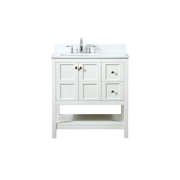 Unbranded Simply Living 32 in. W x 22 in. D x 34 in. H Bath Vanity in White with Calacatta White Engineered Marble Top