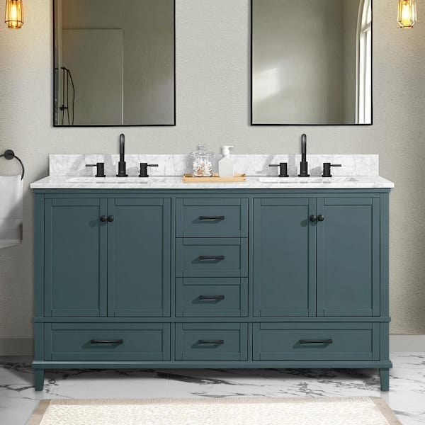 Merryfield 61 in. Double Sink Antigua Green Bath Vanity with White Carrara Marble Top (Assembled)